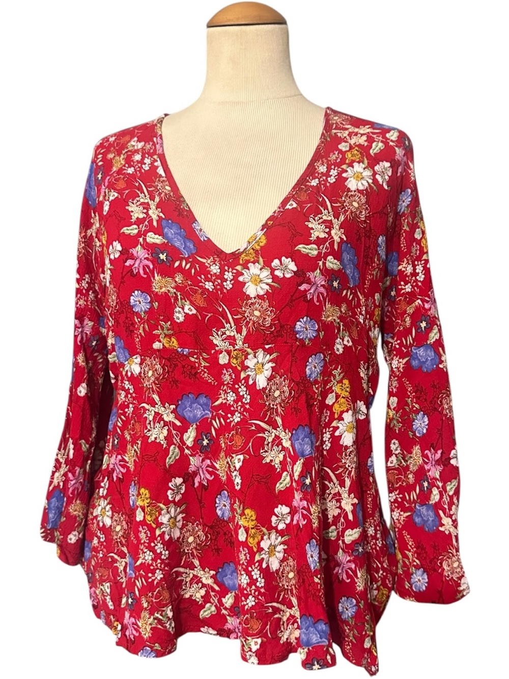 Rachel Zoe V Neck Long Sleeve Blouse Red Floral Size L